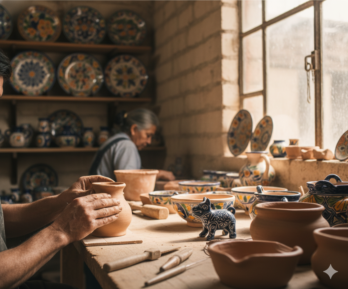 Artisan shaping clay pottery by hand in a Mexican workshop