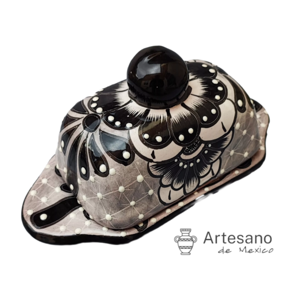 Talavera-style Butter Dish with Lid – Black & White Floral