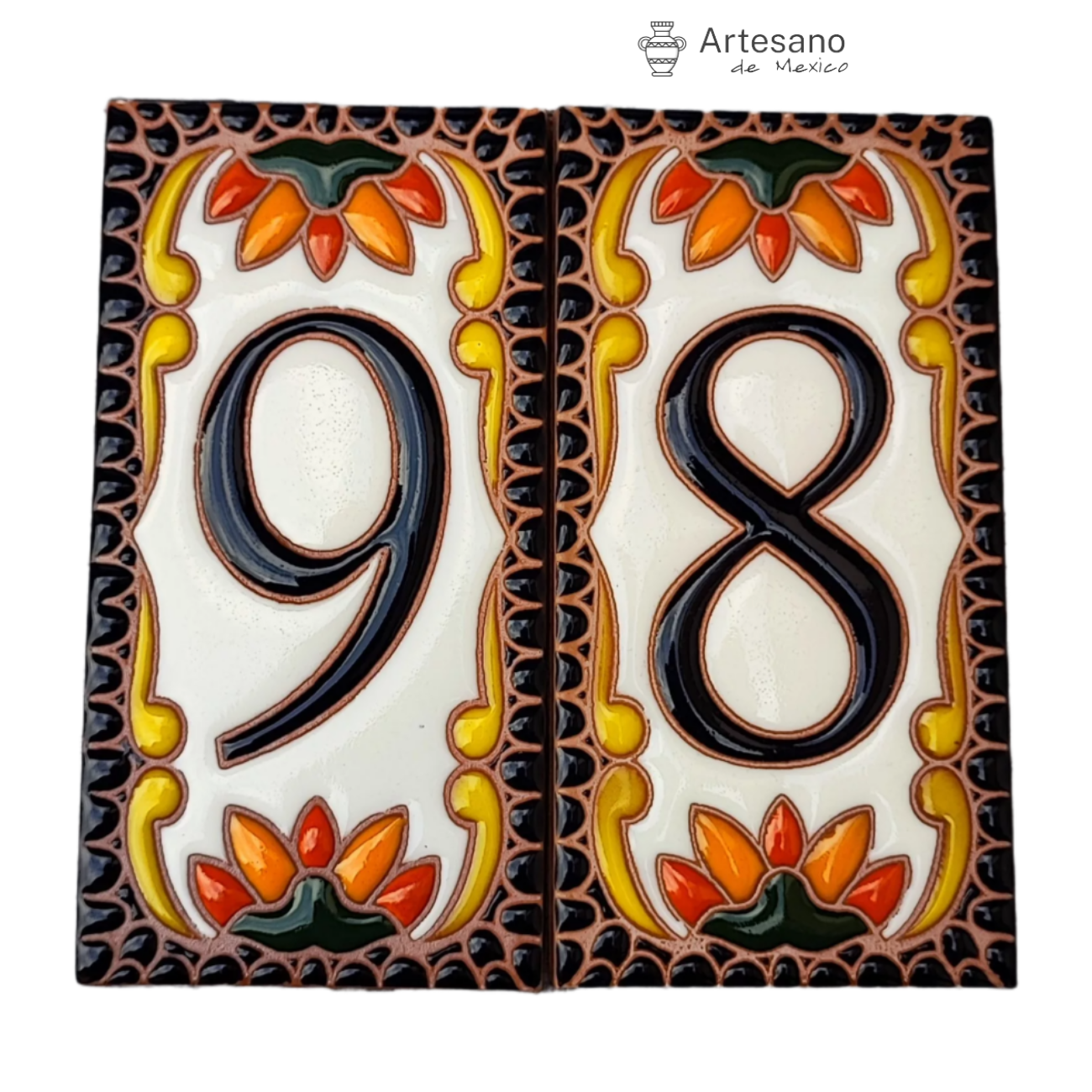 HAND - PAINTED BLACK ORANGE MEXICAN HOUSE NUMBERS TILES