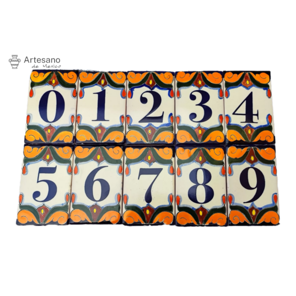 Talavera Hand-painted Orange Blue Mexican House Number Tiles