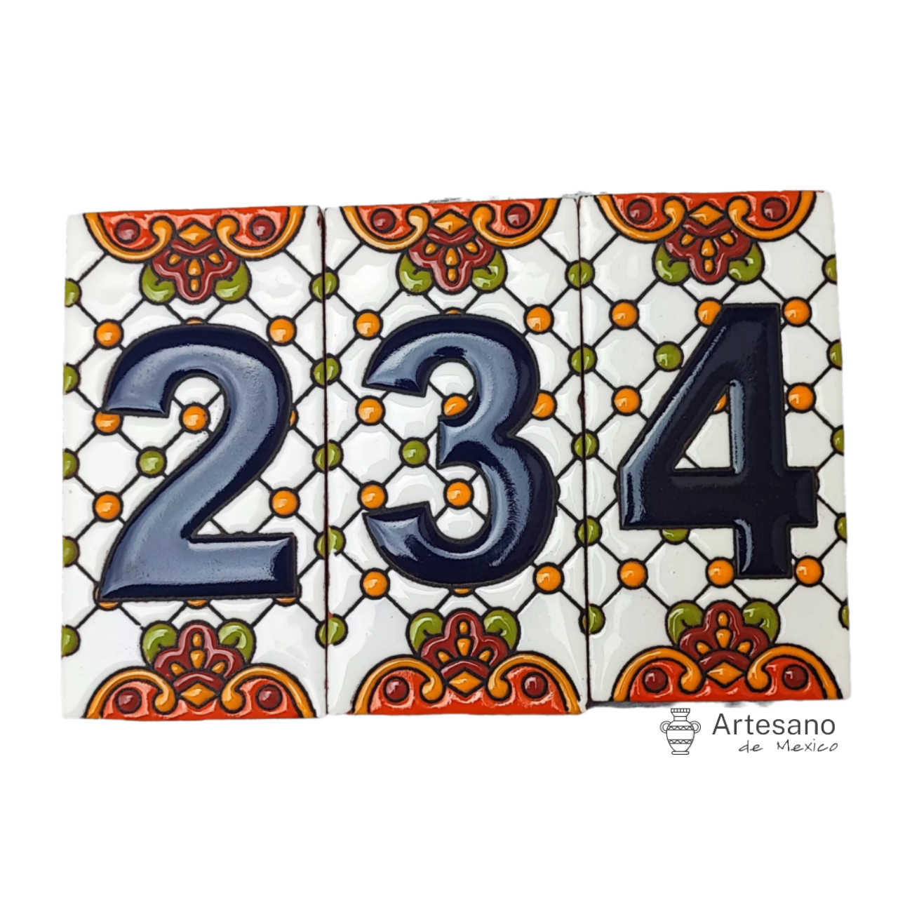 HAND - PAINTED ORANGE GREEN MEXICAN HOUSE NUMBERS TILES