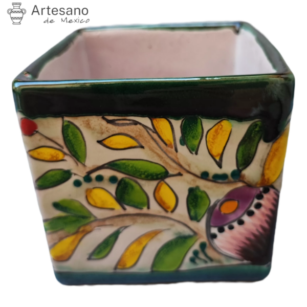 Talavera-style Square Mini Flower Pot – Green