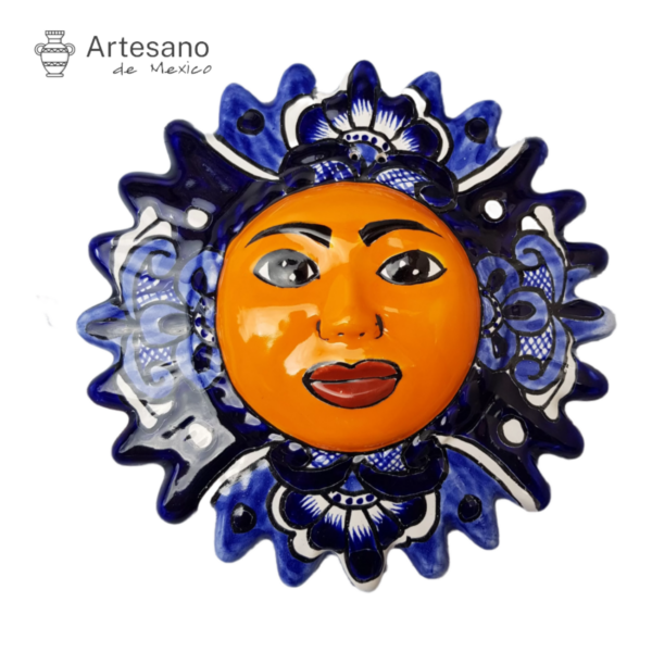 Talavera-style Sun Face – Orange, Blue & White