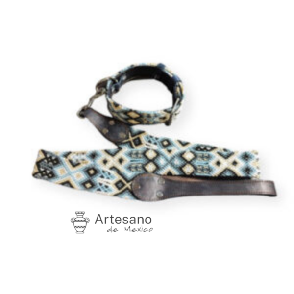 Authentic Mexican Handwoven Blue & Cream Dog Collar with Leash
