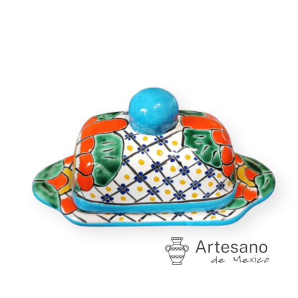 Talavera-style Butter Dish with Lid – Turquoise Knob, Orange & Green Floral