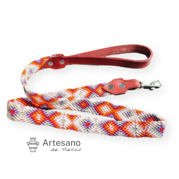 Mexican Hand-woven Dog Leash M Size – Orange, Cream & Red