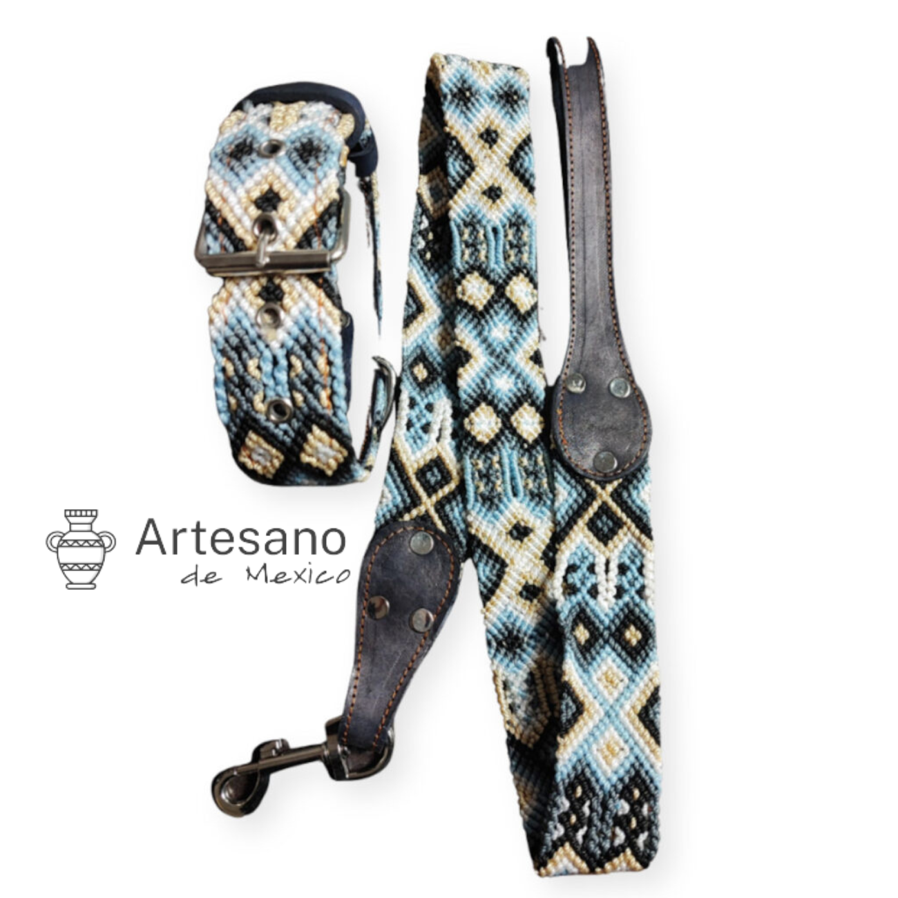 AUTHENTIC MEXICAN HANDWOVEN BLUE & CREAM DOG COLLAR WITH LEASH
