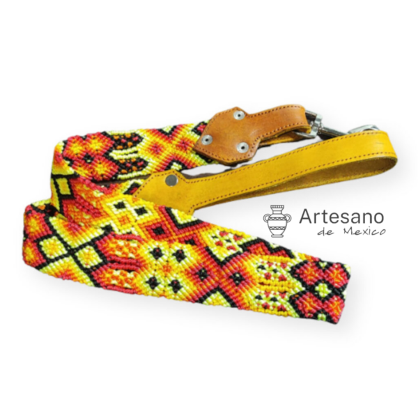 Mexican Hand-woven Dog Leash L Size – Red & Yellow Weave, Yellow Handle
