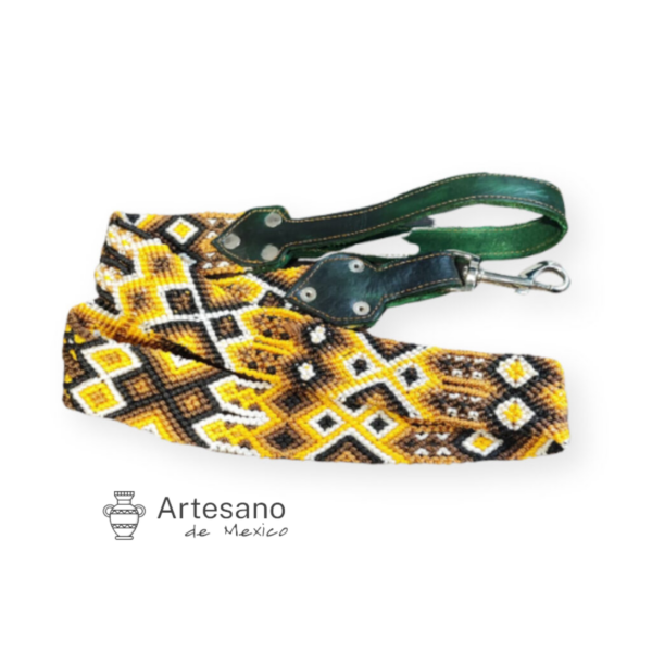 Mexican Hand-woven Dog Leash L Size – Yellow & Brown Weave, Green Handle