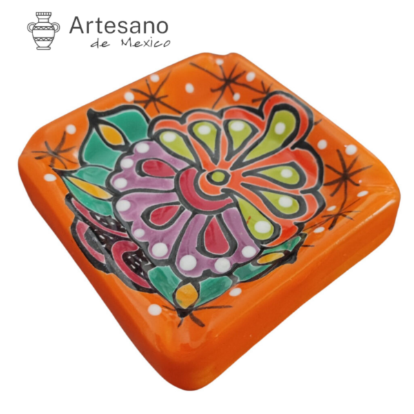 Hand-painted Talavera Ceramic Ashtray – Orange, Green & Purple