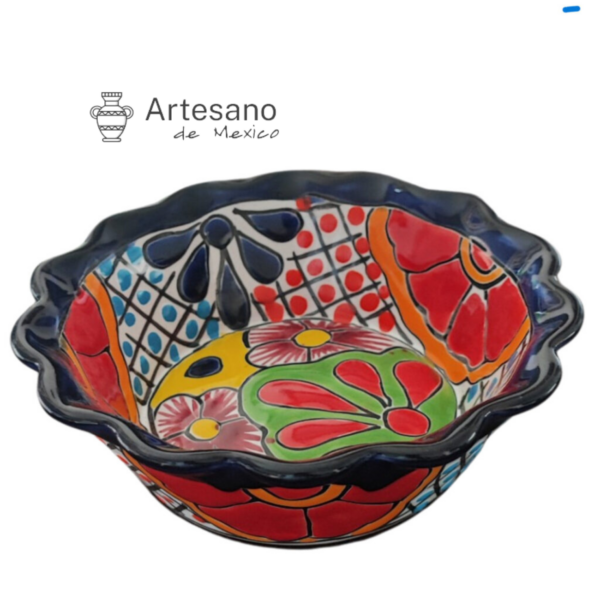 Authentic Talavera Handmade Deep Serving Dish – Red & Teal Patchwork
