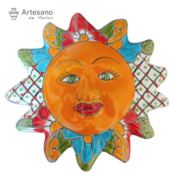 Talavera-style Sun Face – Teal Diamond Rays