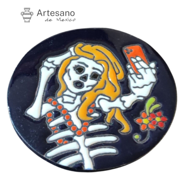 Talavera Traditional Mexican Hand-painted Ceramic Skeleton Selfie Coaster