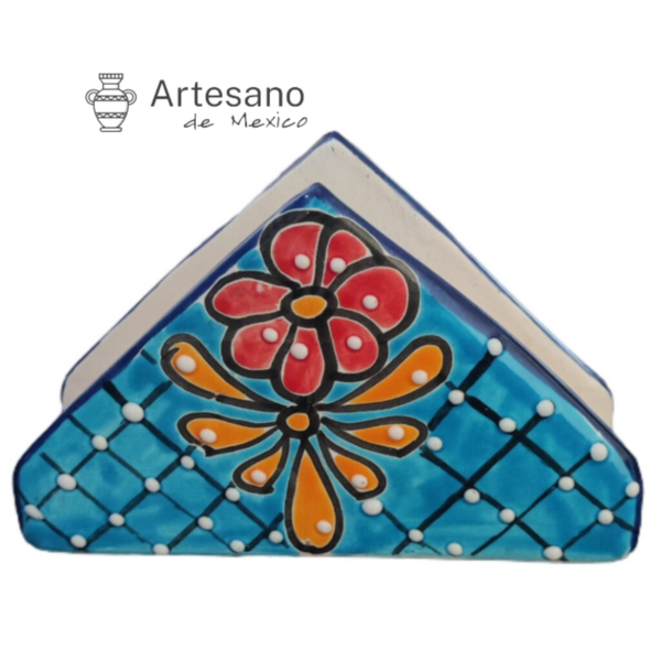 Talavera-style Napkins Holder – Turquoise Lattice Floral