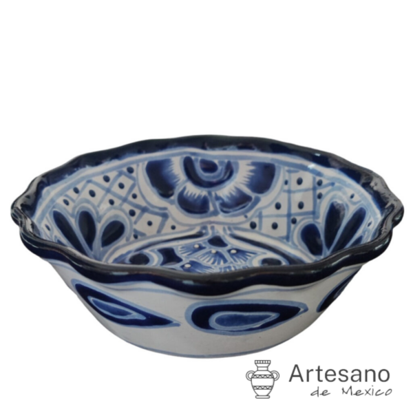 Authentic Talavera Handmade Deep Serving Dish – White & Light Blue