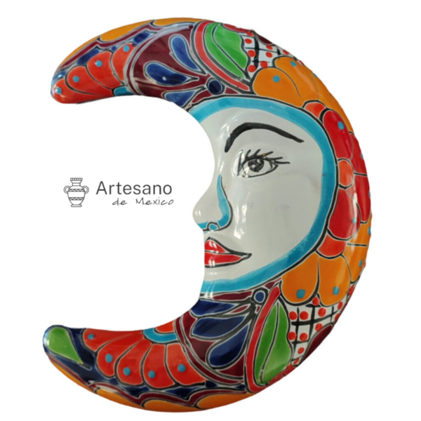 Talavera-style Moon – Rainbow Floral, Orange & Red