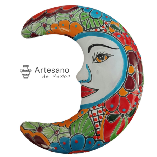 Talavera-style Moon – Rainbow Floral, Red & Green