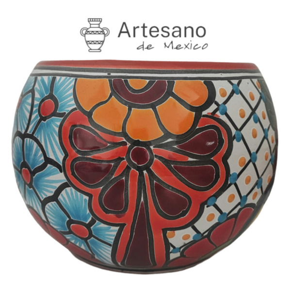 Talavera-style Hemisphere Shape Flower Pot – Orange & Red Floral