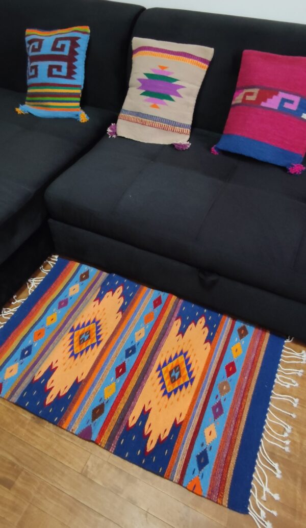 Authentic Handwoven Mexican Rug – Blue & Orange