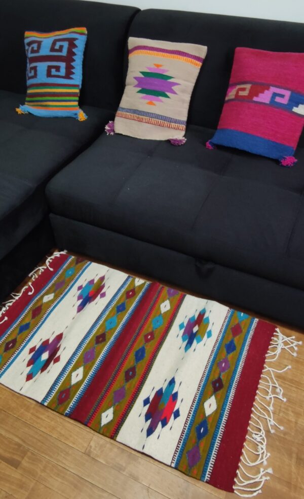 Authentic Handwoven Mexican Rug – Burgundy, Blue & White – Option 2