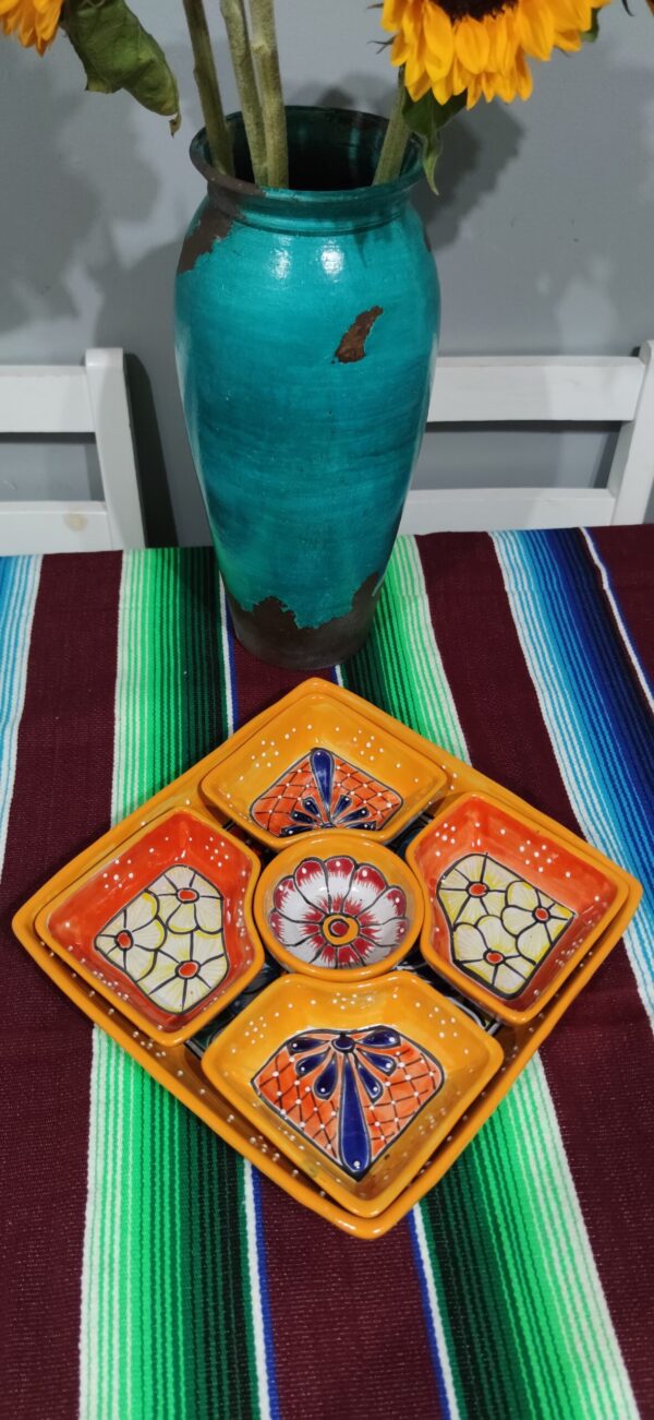 Mexican Hand Made Ceramic Talavera Style Square Salsa Removable Bowls Folk Art