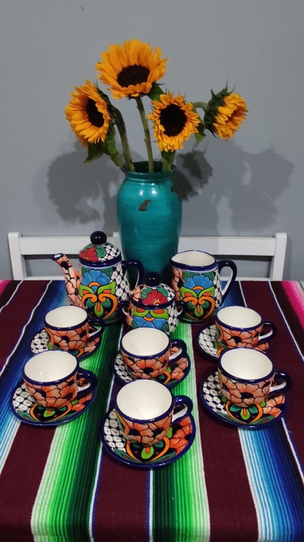 Talavera- Style Hand Painted 15 Pieces Tea Set – Coral Floral