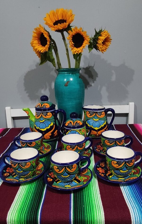 Talavera- Style Hand Painted 15 Pieces Tea Set – Cobalt & Turquoise Floral