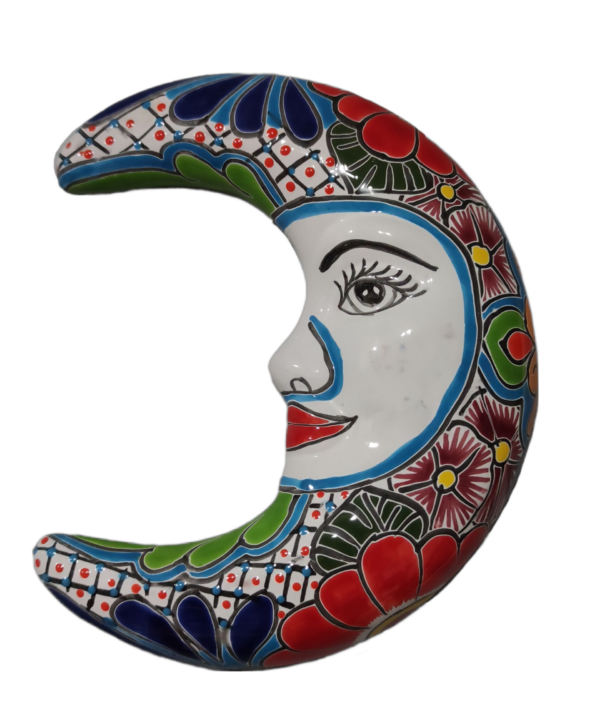Talavera-style Moon – White Lattice Base, Deep Red Flowers