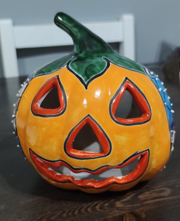 Talavera Mexican Hand-painted Halloween Pumpkin Lantern – Blue Lattice Pattern