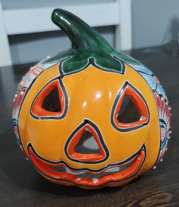 Talavera Mexican Hand-painted Halloween Pumpkin Lantern – Floral Pattern