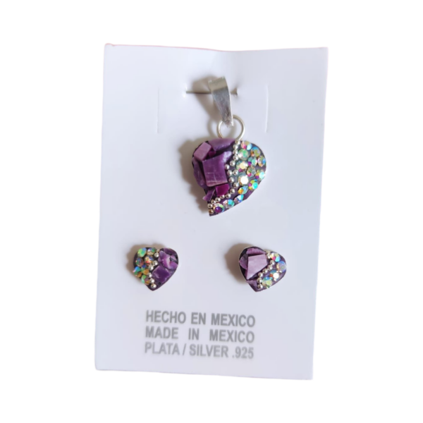 Mexican Style Earrings and Pendant Mini Heart Set – Purple