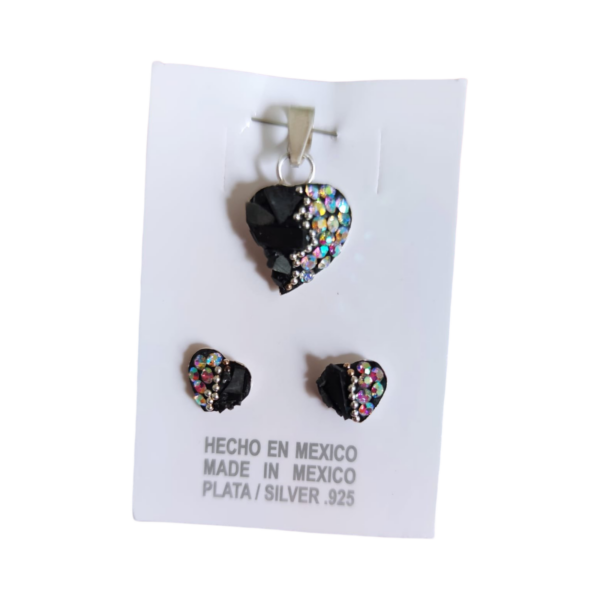 Mexican Style Earrings and Pendant Mini Heart Set – Black